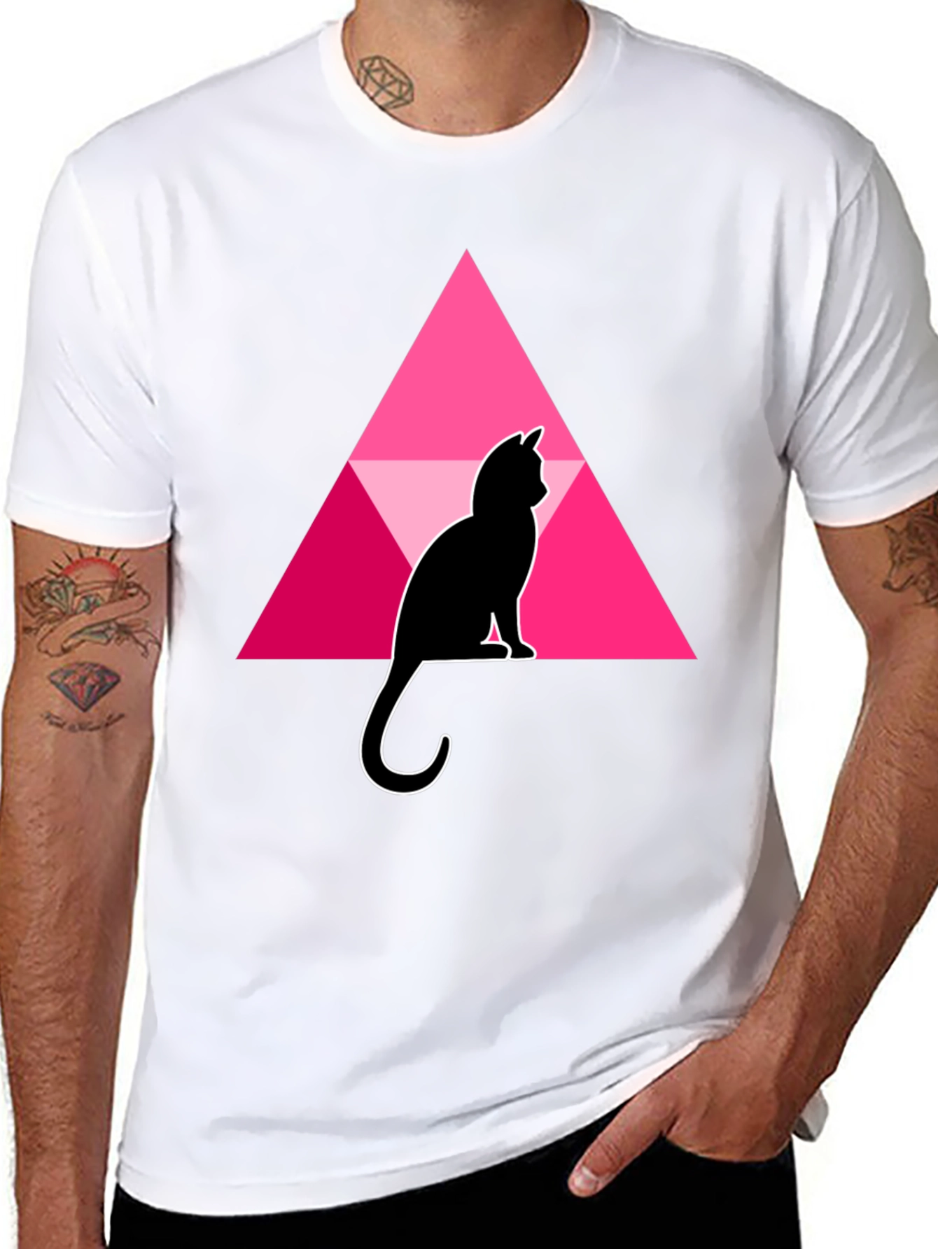 Cat and Triangle Graphic Black T-Shirt