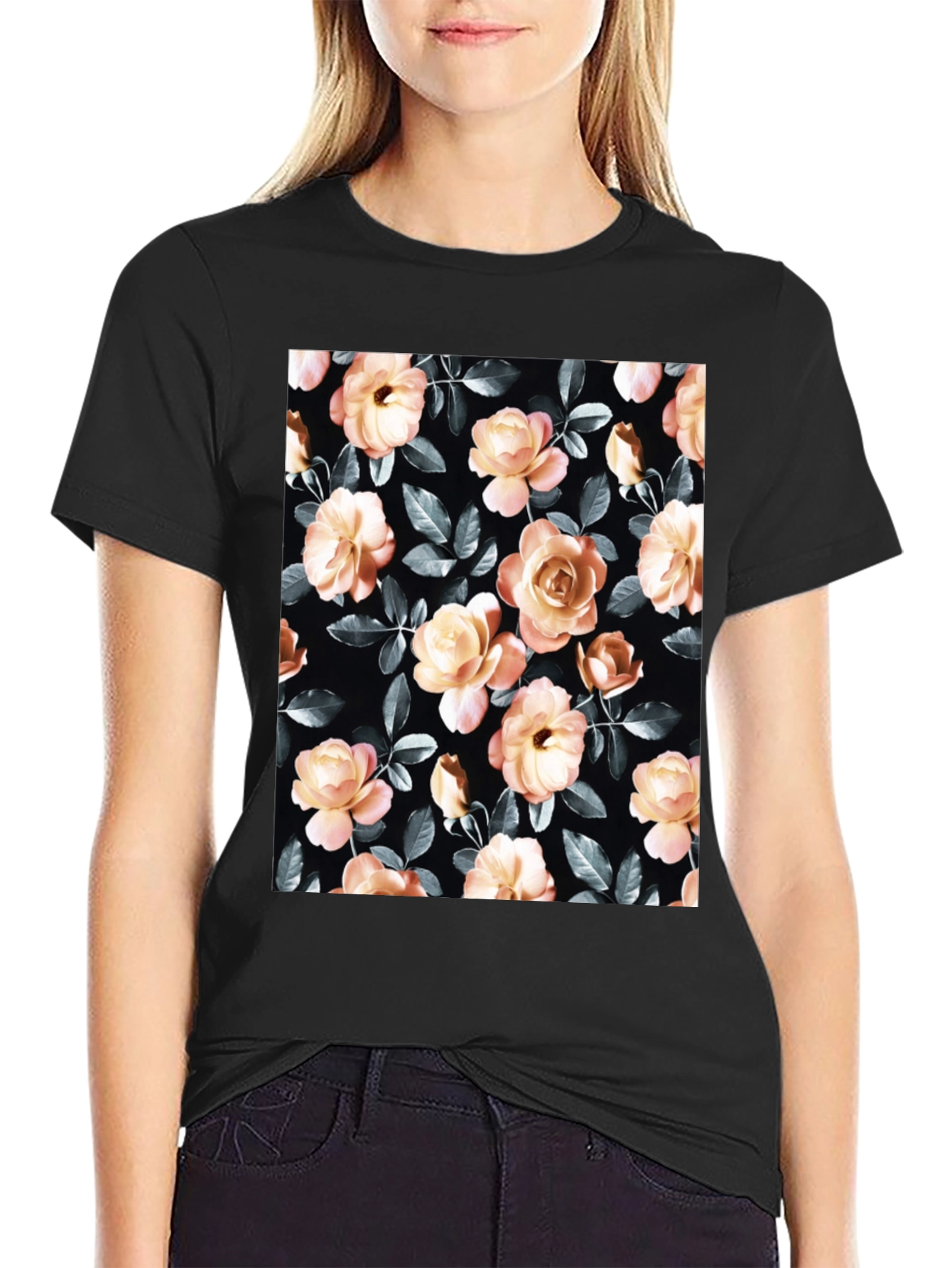 Floral Rose Print Black T-Shirt