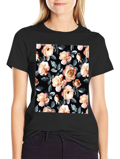 Floral Rose Print Black T-Shirt