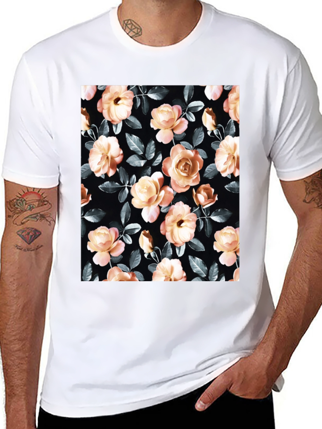 Floral Rose Print Black T-Shirt