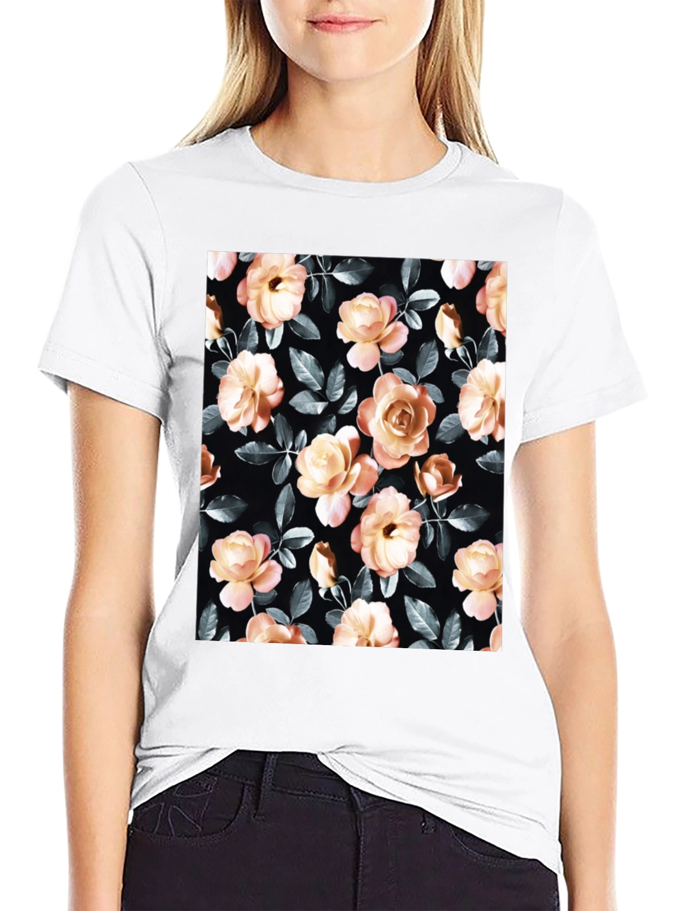 Floral Rose Print Black T-Shirt
