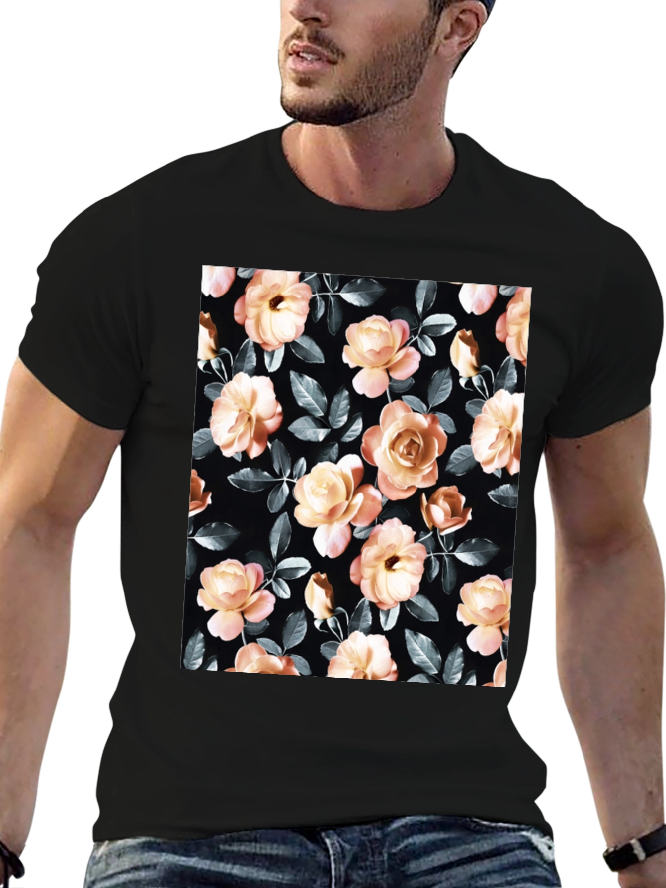 Floral Rose Print Black T-Shirt