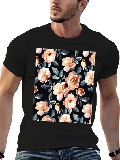 Floral Rose Print Black T-Shirt