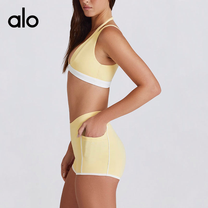 Aloyoga Bare Sensation Color-Contrast V-Neck Sexy Back Underwear Fitness Shorts Sports Bra Yoga Set