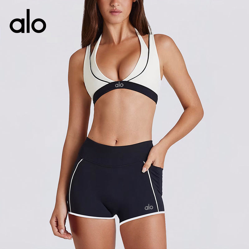Aloyoga Bare Sensation Color-Contrast V-Neck Sexy Back Underwear Fitness Shorts Sports Bra Yoga Set
