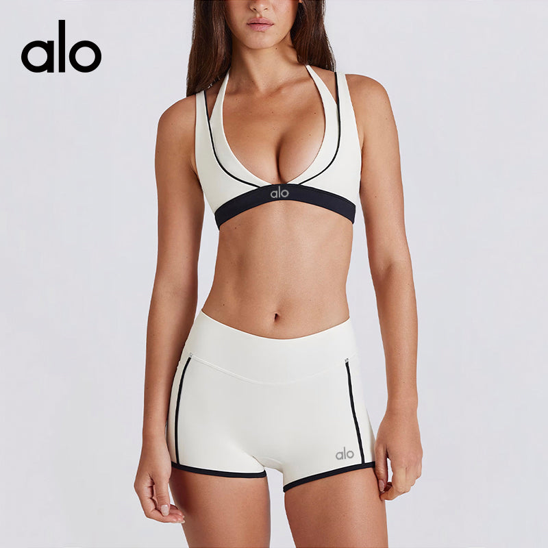 Aloyoga Bare Sensation Color-Contrast V-Neck Sexy Back Underwear Fitness Shorts Sports Bra Yoga Set