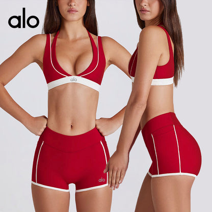 Aloyoga Bare Sensation Color-Contrast V-Neck Sexy Back Underwear Fitness Shorts Sports Bra Yoga Set