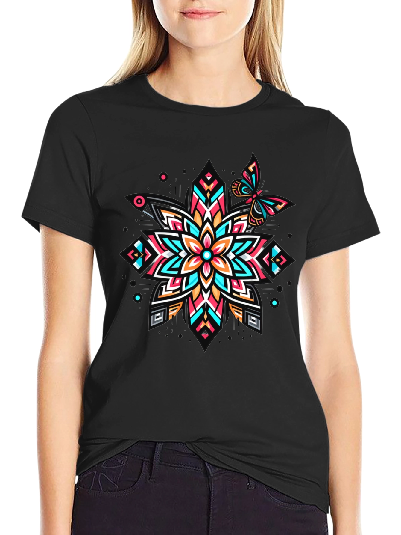 Geometric Floral Butterfly Graphic Tee - Unique Design