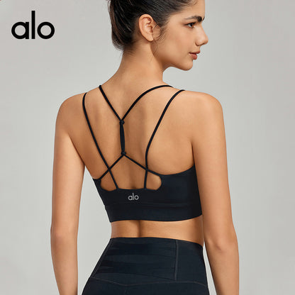 Alo Yoga Bare Sensual Fine Shoulder Strap Sexy Crossed Back Yoga Tank Top Fitness Bra