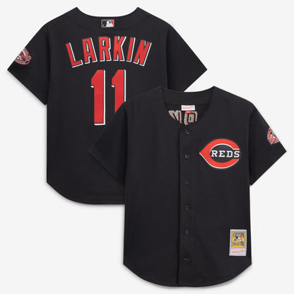 Barry Larkin Cincinnati Reds Mitchell &amp;amp; Ness Cooperstown Collection Mesh Batting Practice Button-Up Jersey - Black