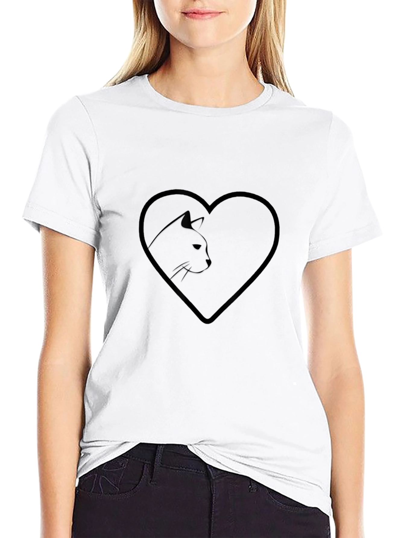 Heart Cat Graphic Tee - Stylish Black T-Shirt