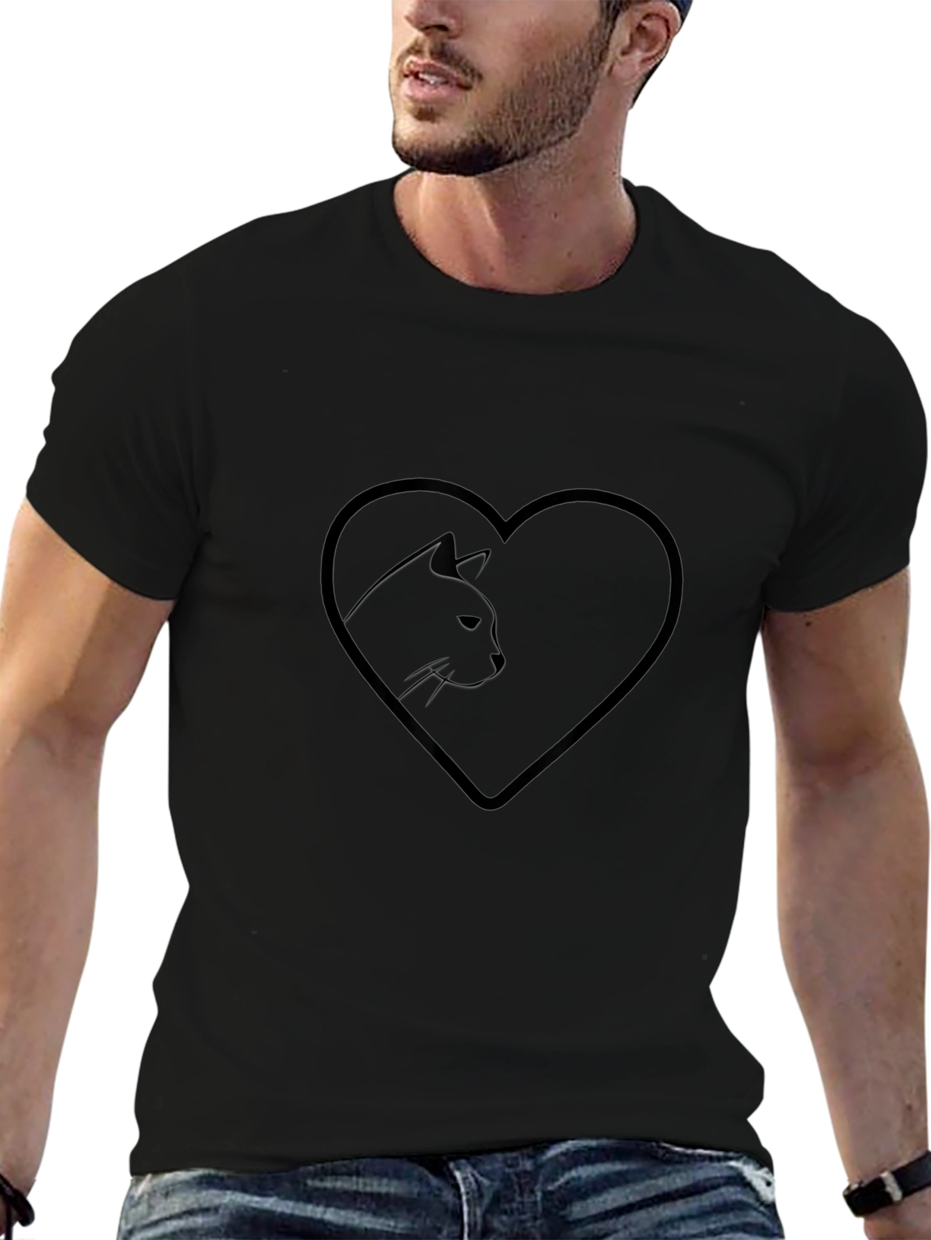 Heart Cat Graphic Tee - Stylish Black T-Shirt