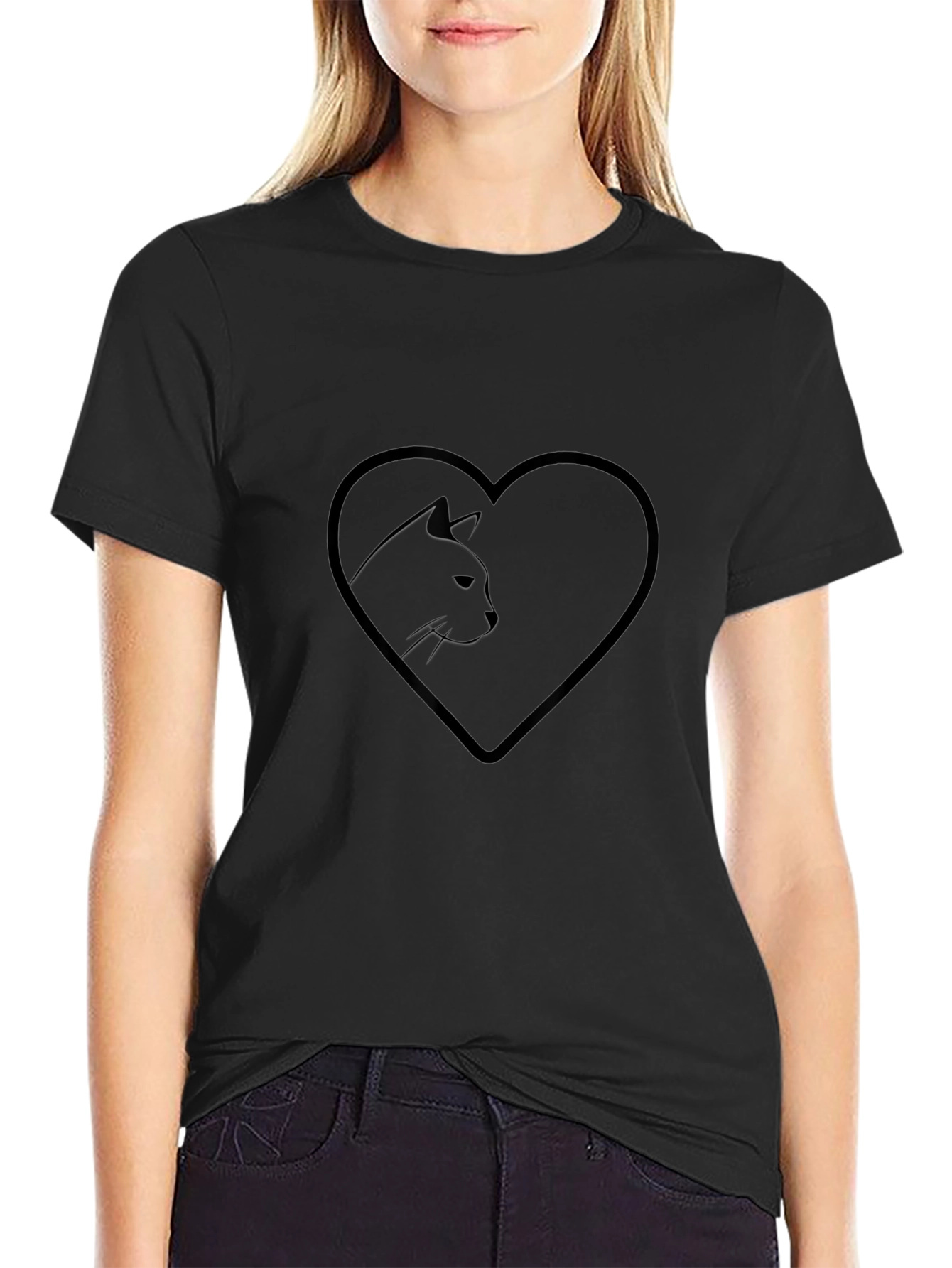Heart Cat Graphic Tee - Stylish Black T-Shirt