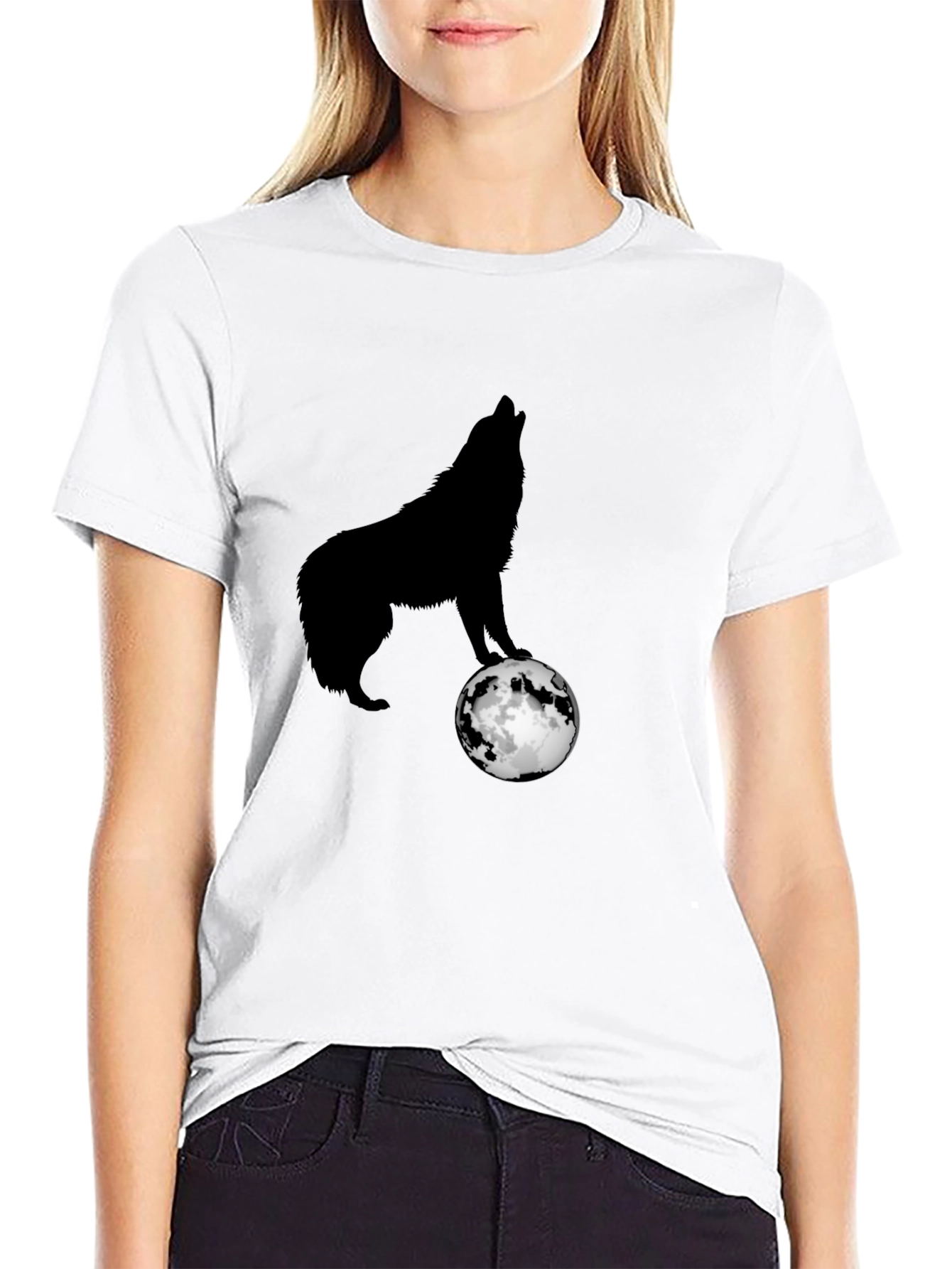 Wolf Howling at Moon Graphic T-Shirt - Black