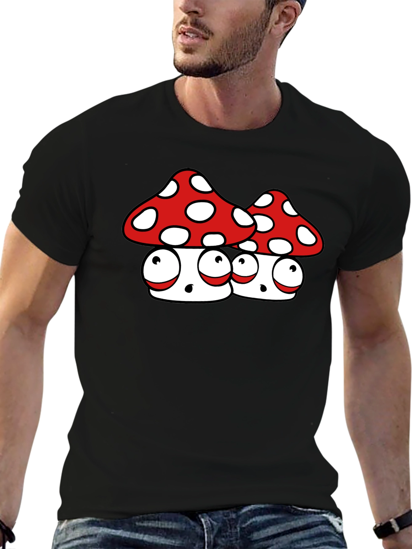 Funky Mushroom Graphic Tee - Black Cotton Blend