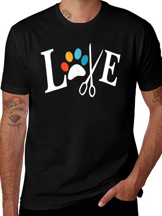 Love Grooming T-Shirt - Pet Paw Print & Scissors Design