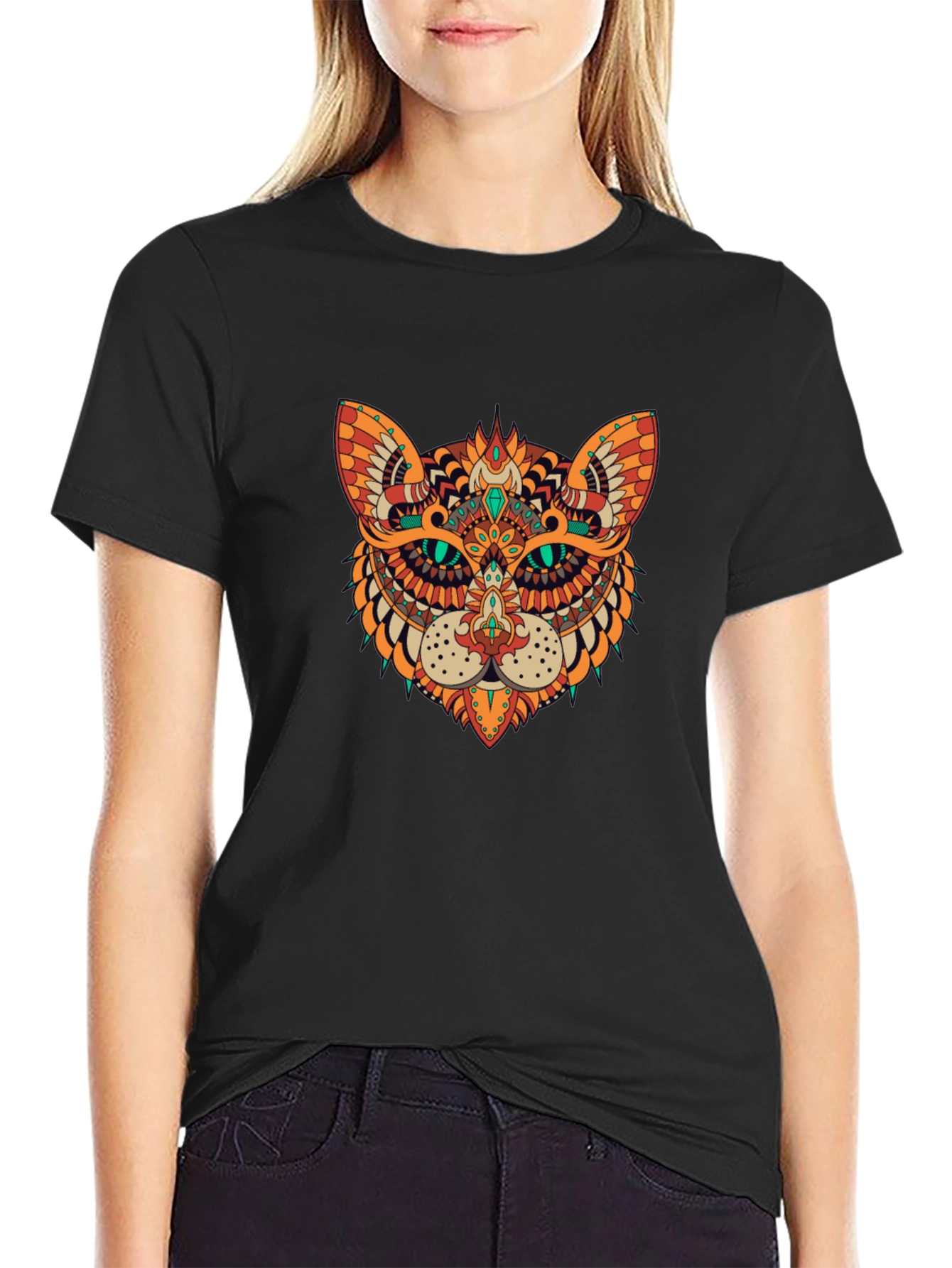 Ornate Cat Graphic Black T-Shirt