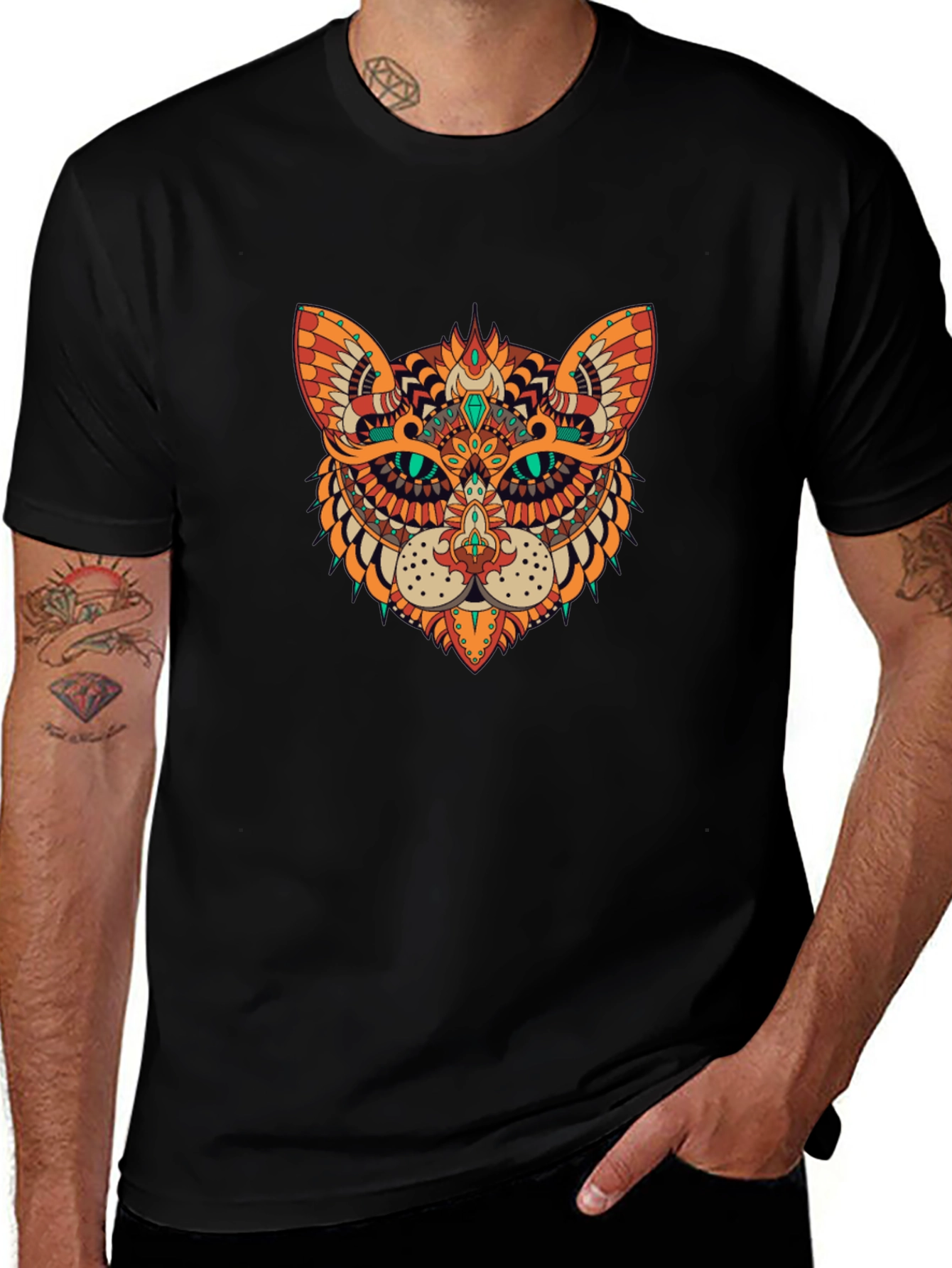 Ornate Cat Graphic Black T-Shirt