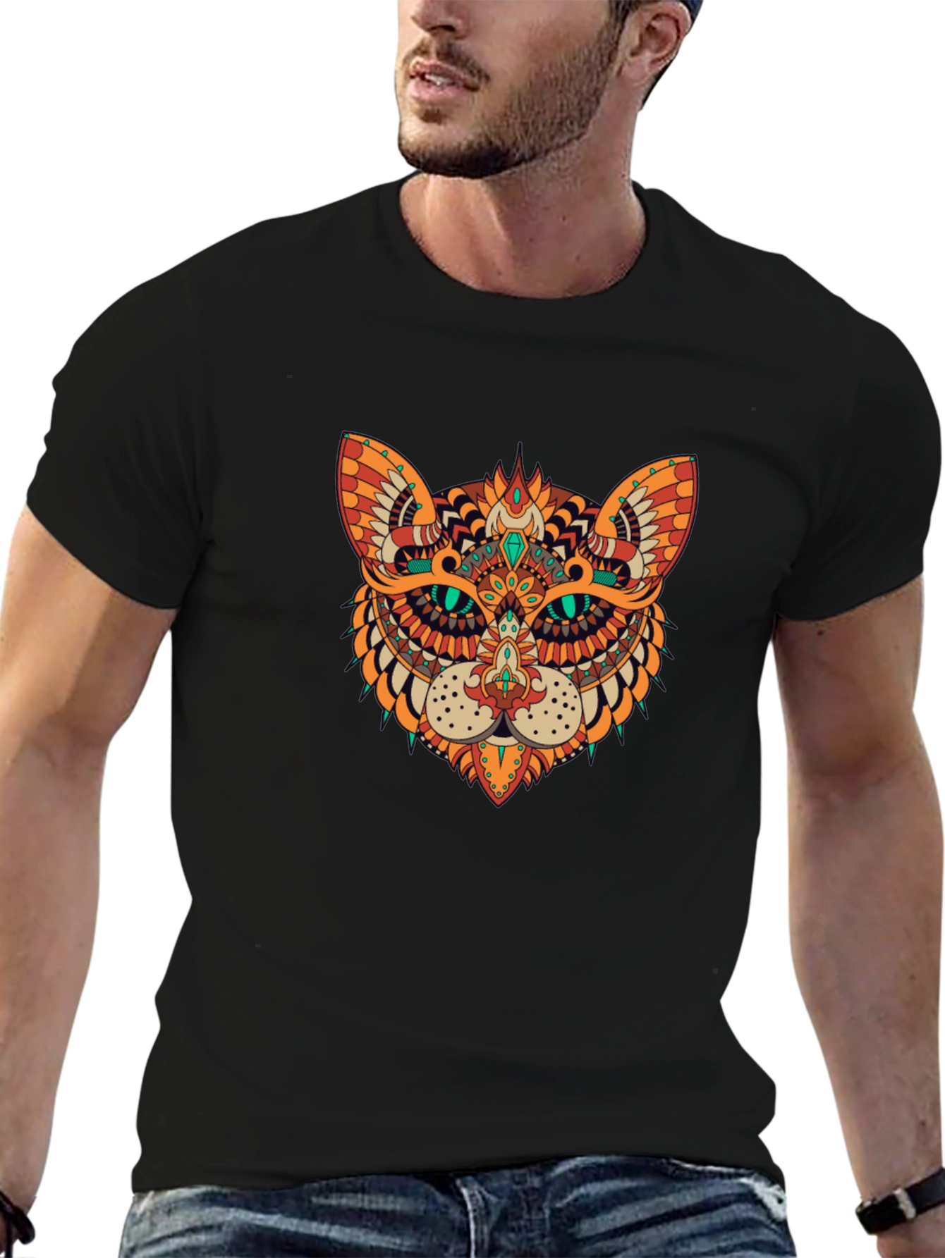 Ornate Cat Graphic Black T-Shirt