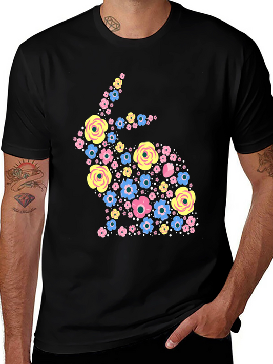 Floral Easter Bunny Graphic Tee - Black Cotton Blend