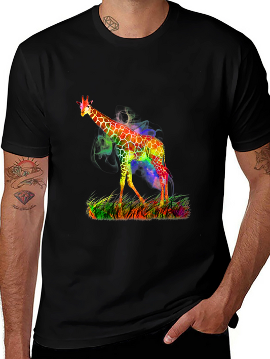 Colorful Giraffe Print Black T-Shirt