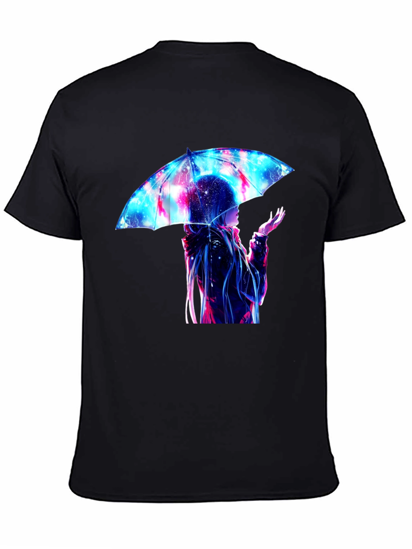 Anime Umbrella Galaxy Print Black T-Shirt