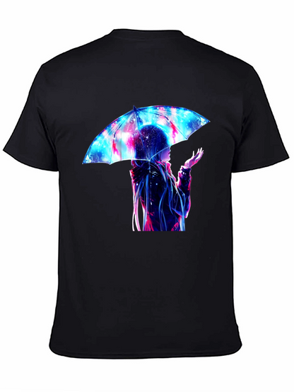 Anime Umbrella Galaxy Print Black T-Shirt