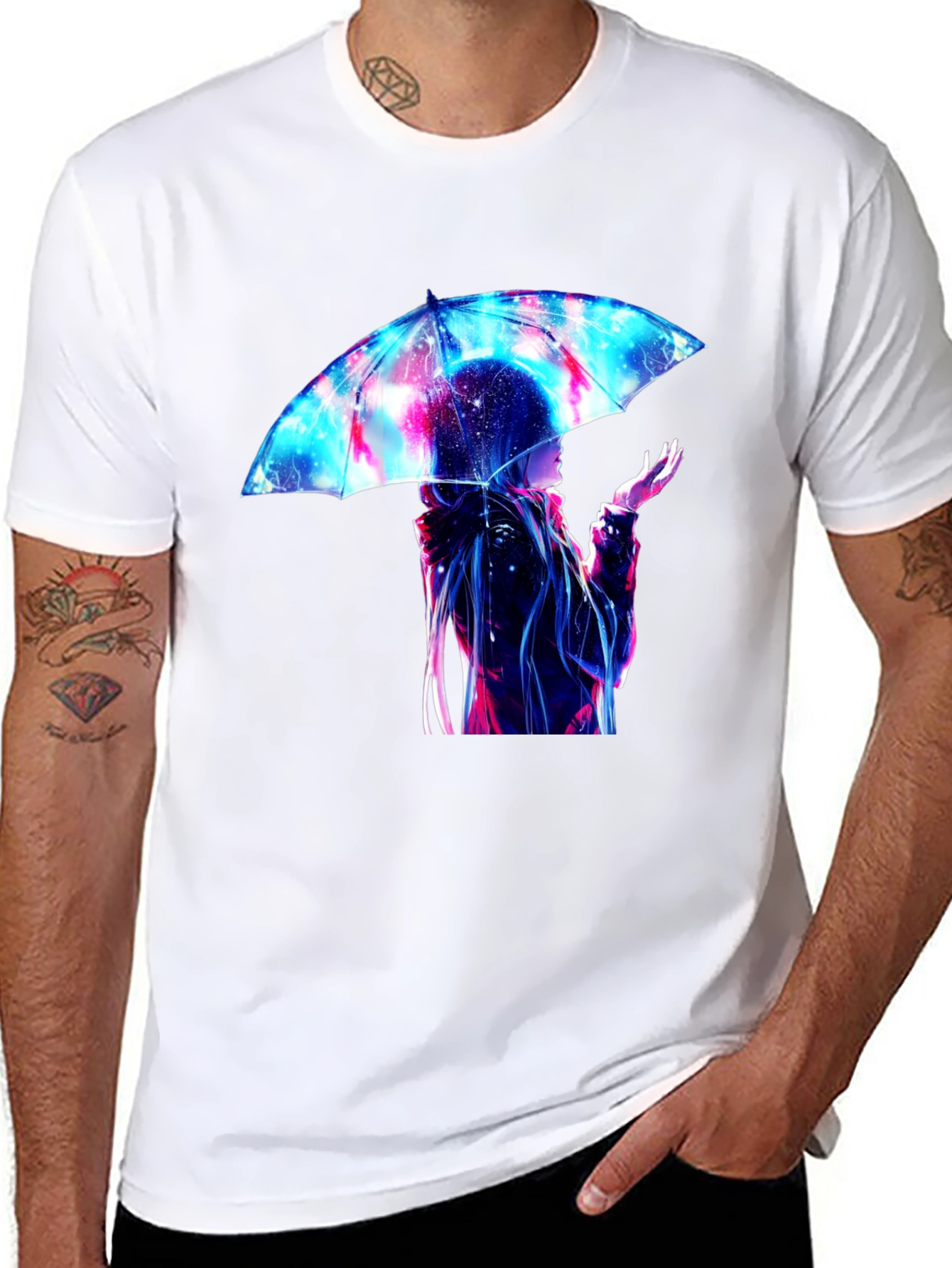 Anime Umbrella Galaxy Print Black T-Shirt