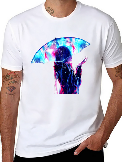 Anime Umbrella Galaxy Print Black T-Shirt