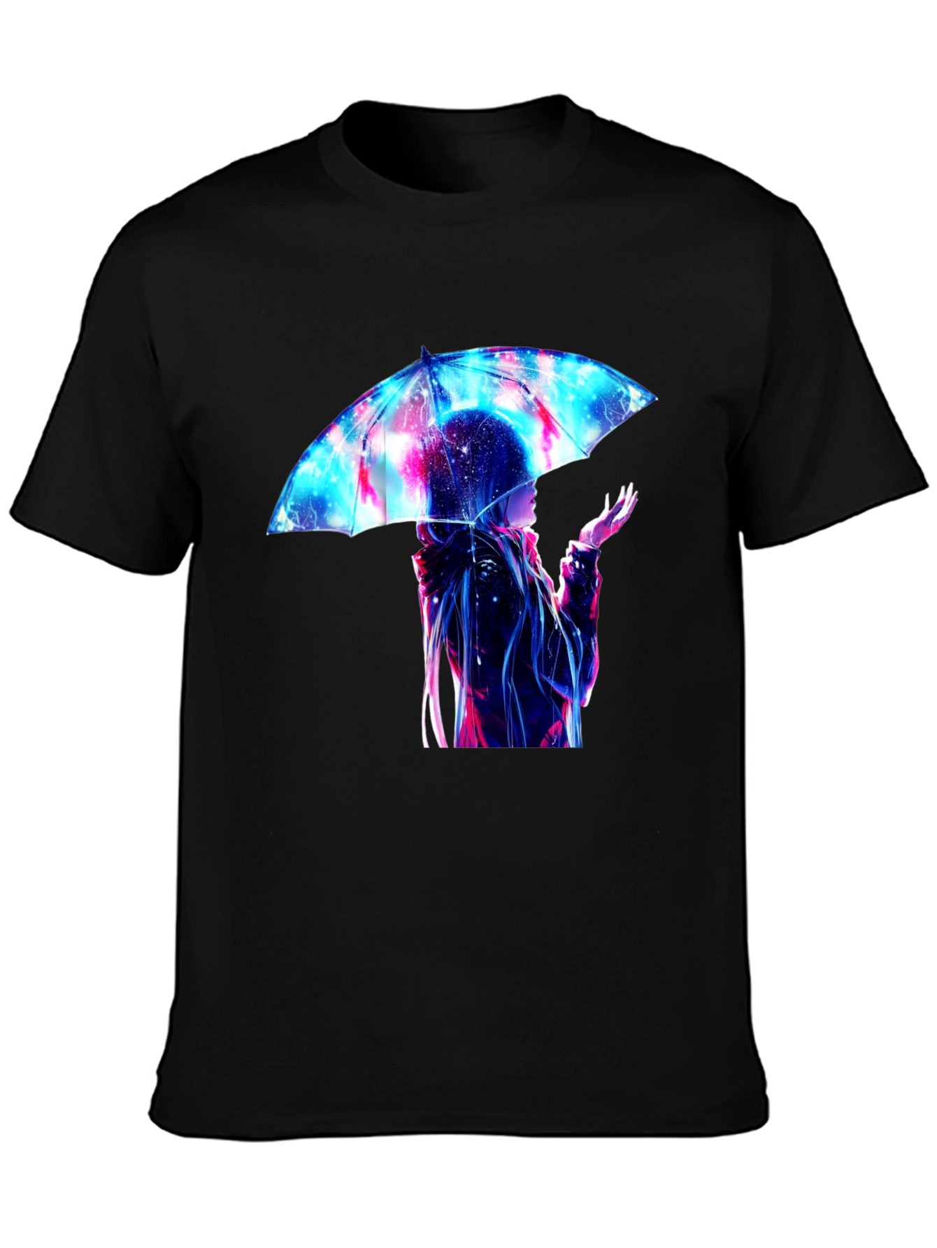Anime Umbrella Galaxy Print Black T-Shirt