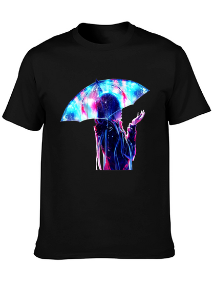 Anime Umbrella Galaxy Print Black T-Shirt