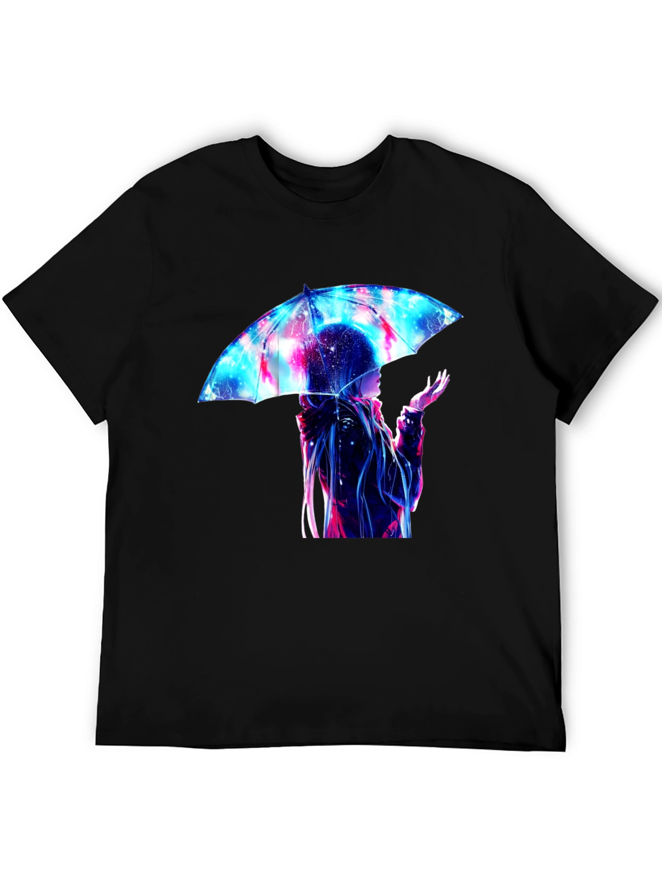Anime Umbrella Galaxy Print Black T-Shirt