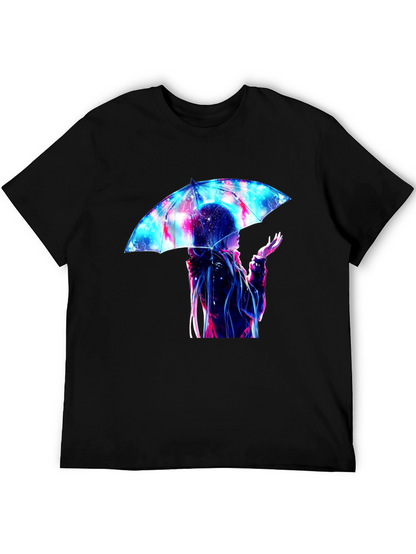 Anime Umbrella Galaxy Print Black T-Shirt