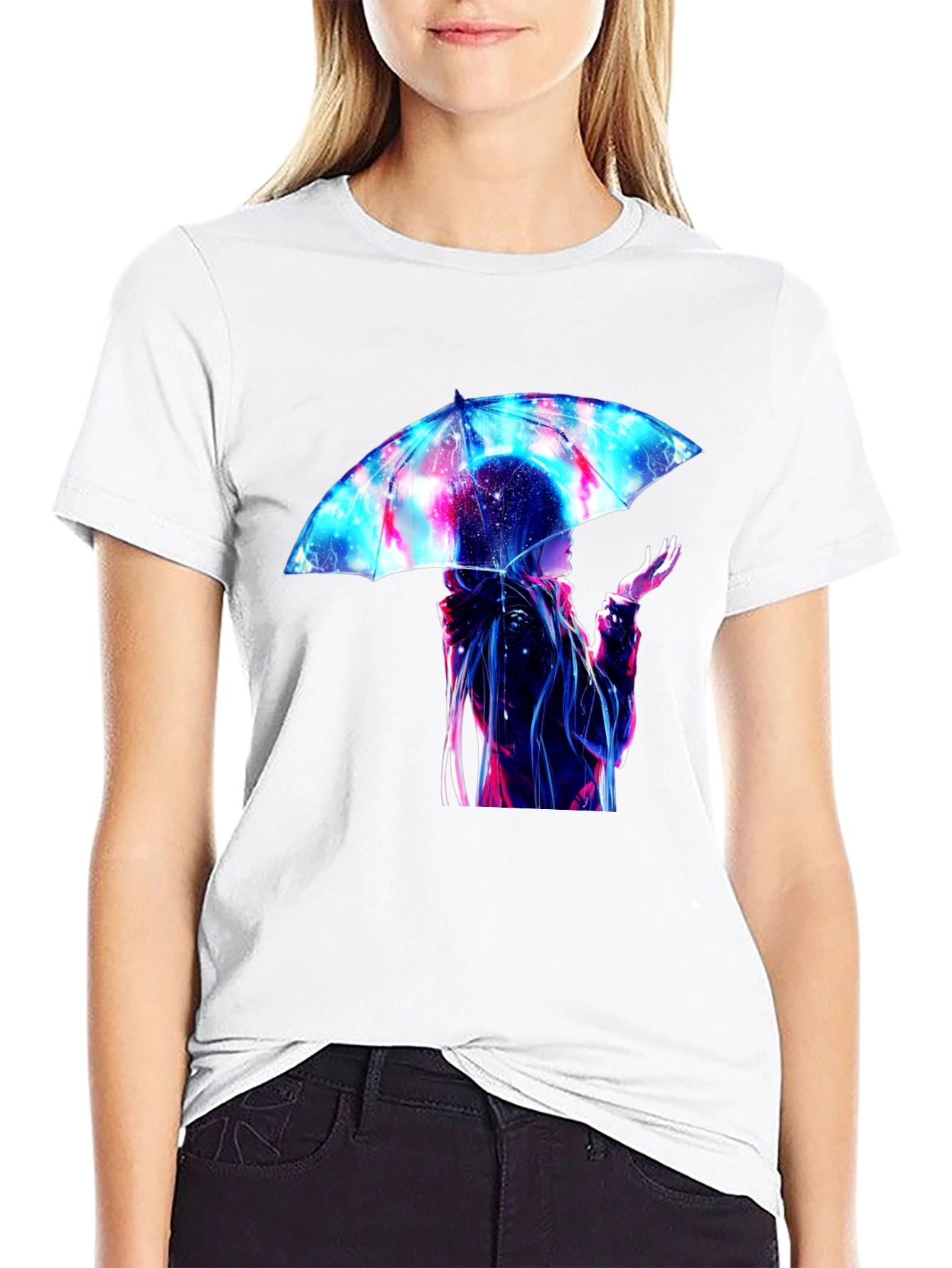Anime Umbrella Galaxy Print Black T-Shirt