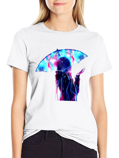 Anime Umbrella Galaxy Print Black T-Shirt