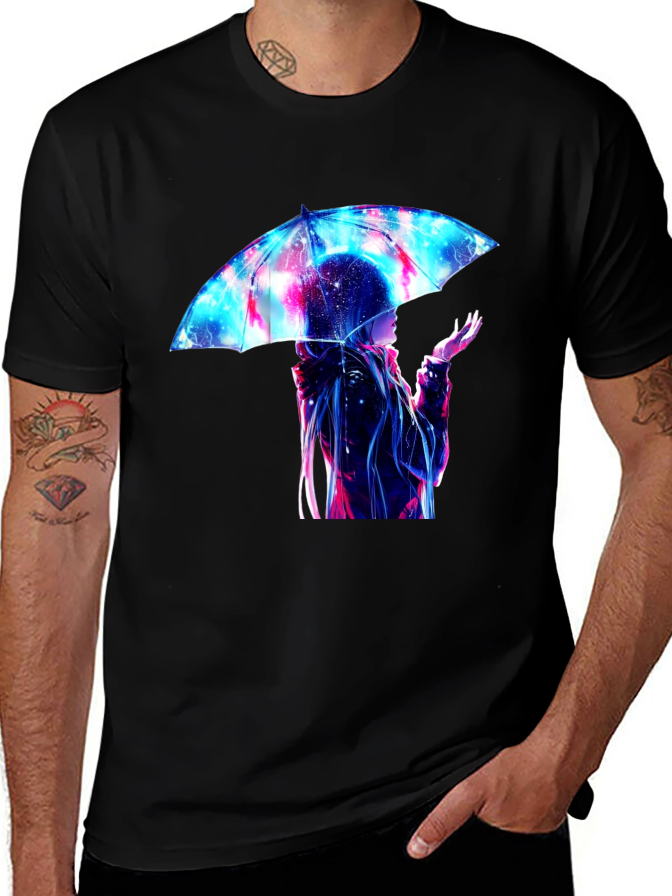 Anime Umbrella Galaxy Print Black T-Shirt