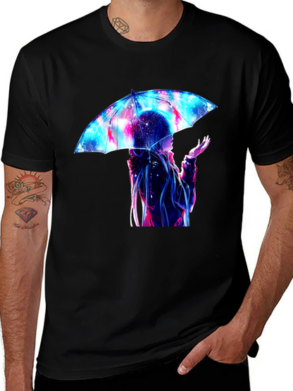 Anime Umbrella Galaxy Print Black T-Shirt