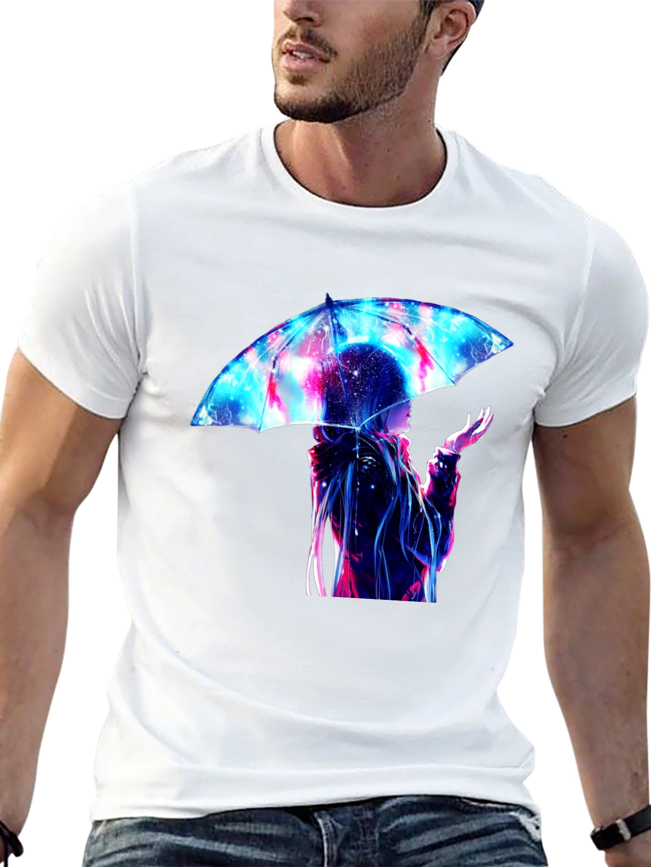 Anime Umbrella Galaxy Print Black T-Shirt