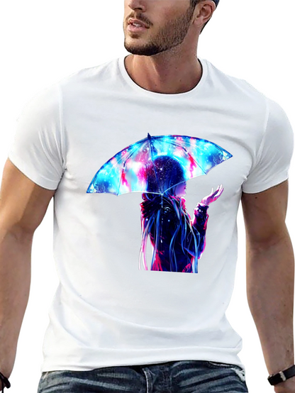 Anime Umbrella Galaxy Print Black T-Shirt