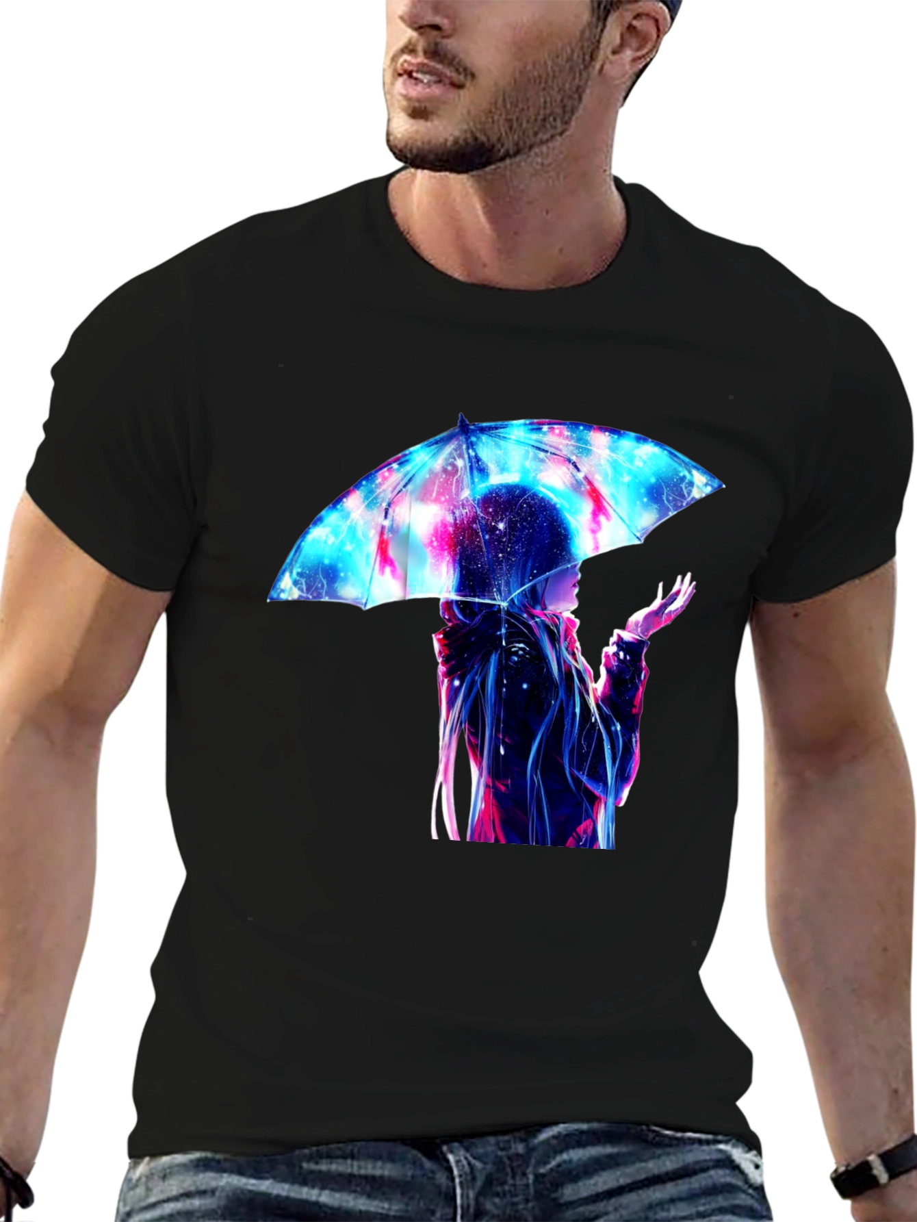 Anime Umbrella Galaxy Print Black T-Shirt
