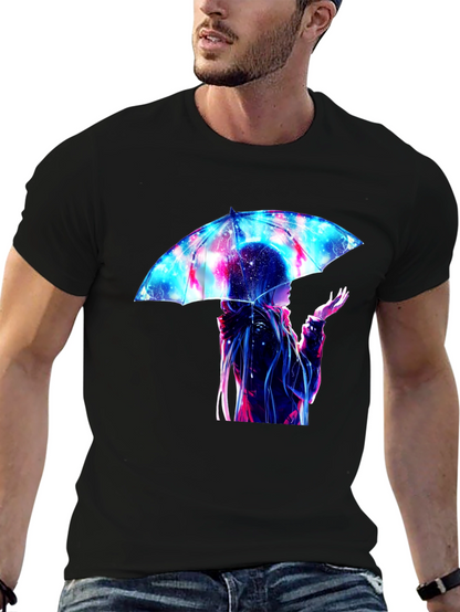Anime Umbrella Galaxy Print Black T-Shirt