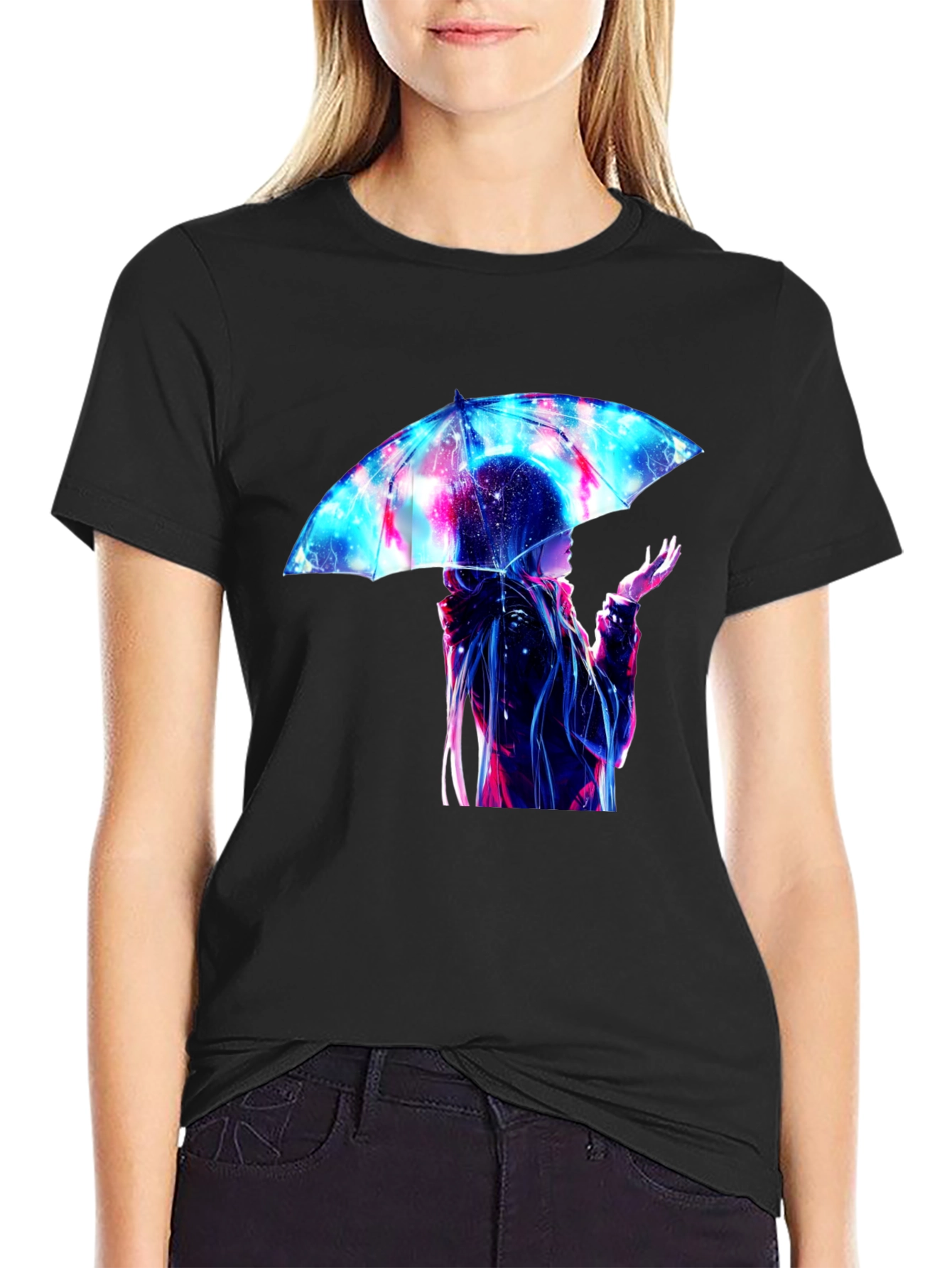 Anime Umbrella Galaxy Print Black T-Shirt