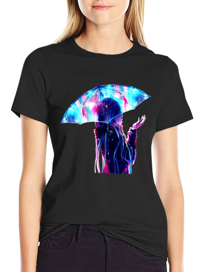 Anime Umbrella Galaxy Print Black T-Shirt