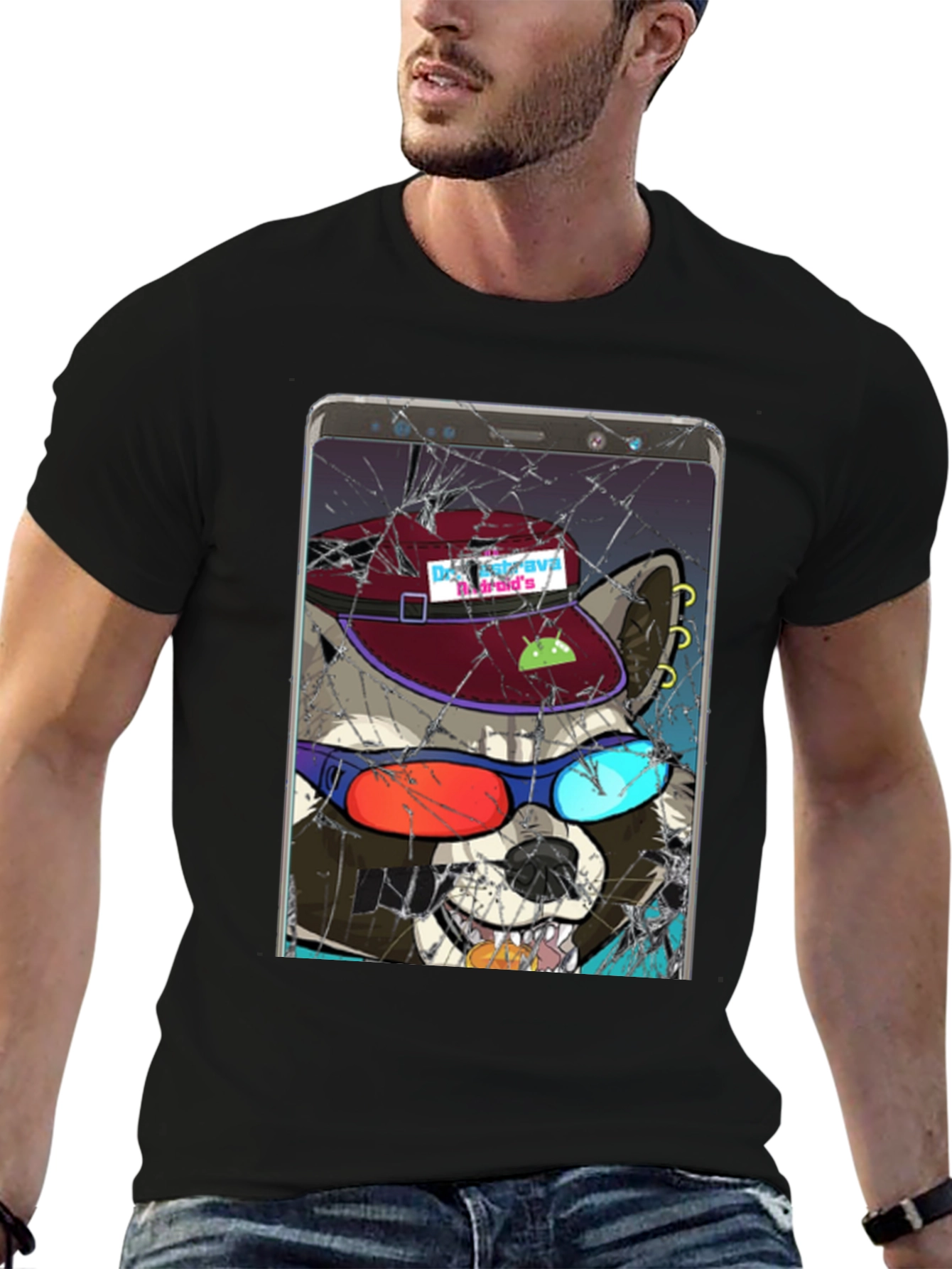 Raccoon Cellphone Graphic T-Shirt