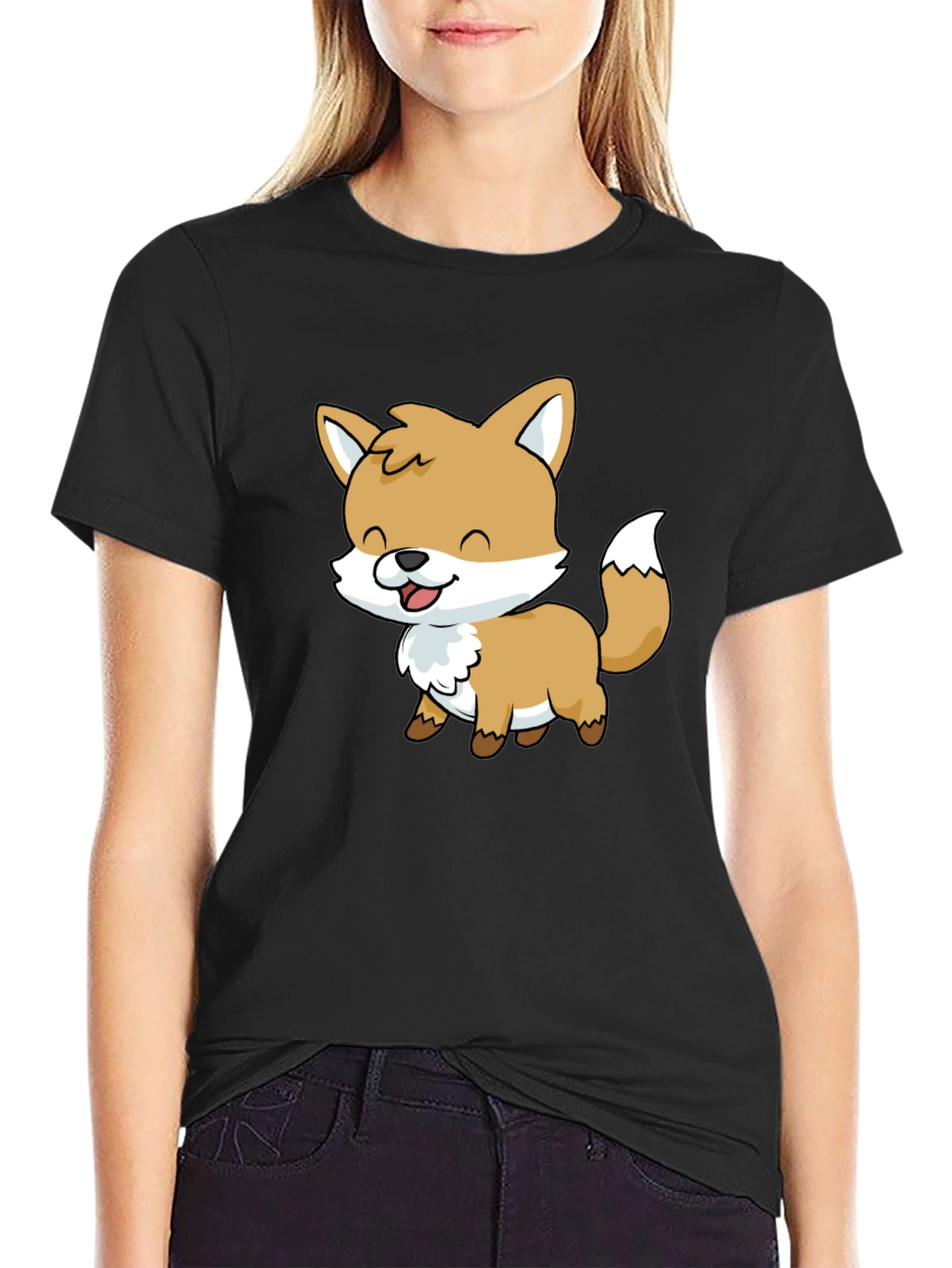 Cute Cartoon Fox Graphic Black T-Shirt