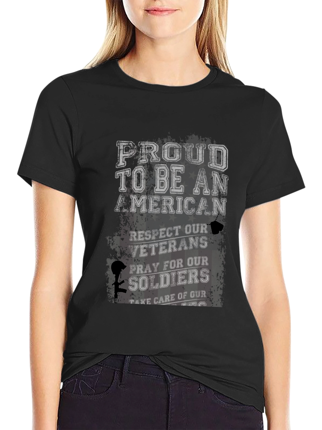 Proud American T-Shirt: Respect Veterans Pray for Soldiers