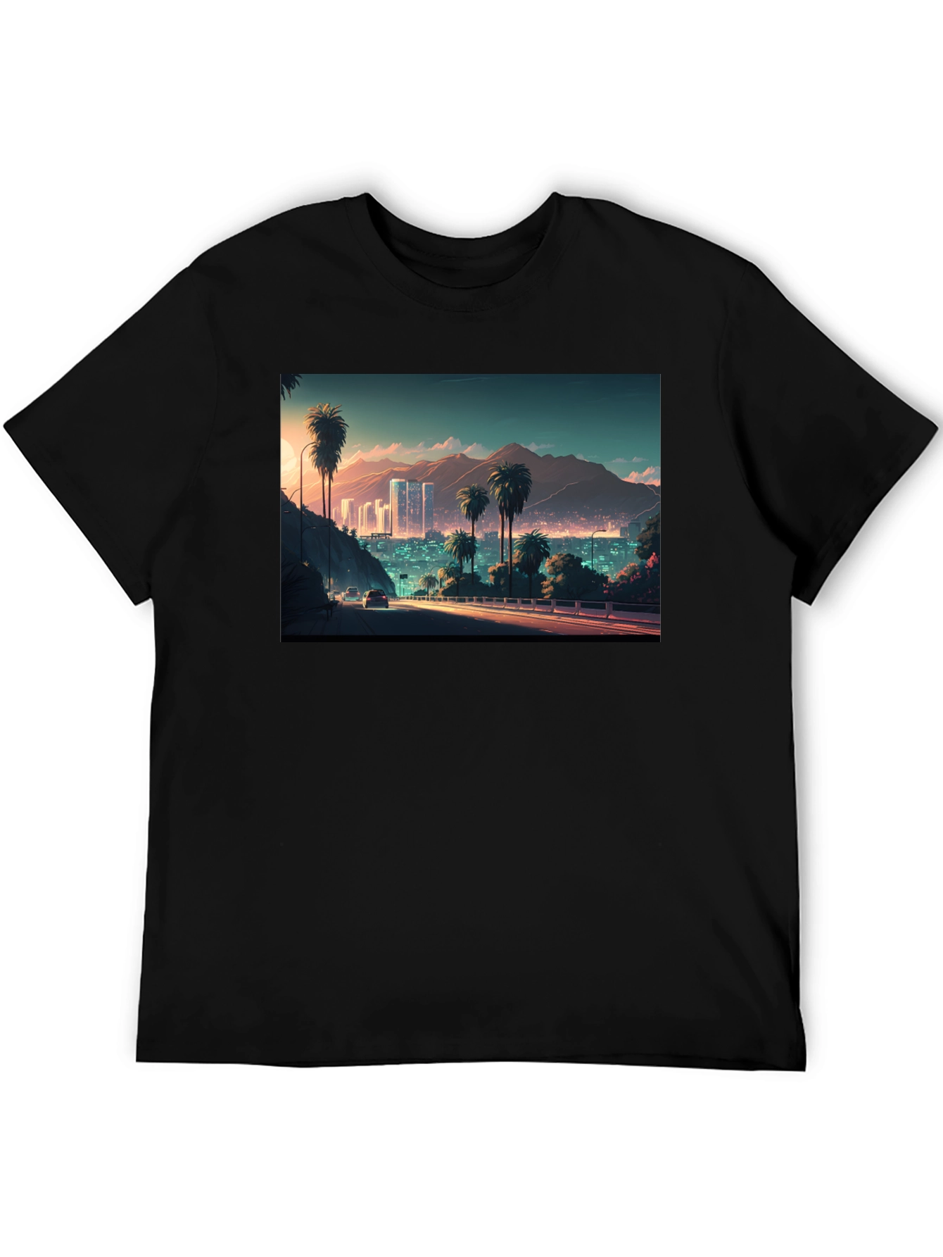 Cityscape Palm Tree Graphic Black T-Shirt