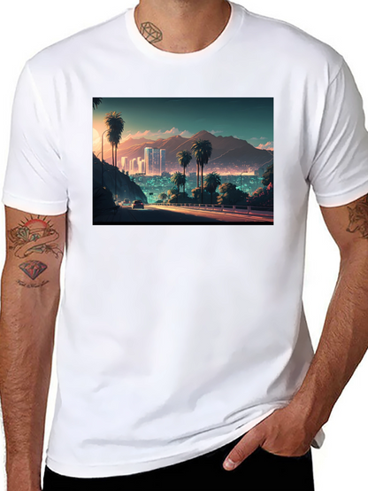 Cityscape Palm Tree Graphic Black T-Shirt