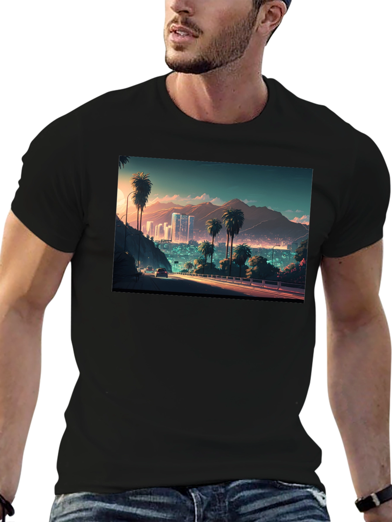 Cityscape Palm Tree Graphic Black T-Shirt