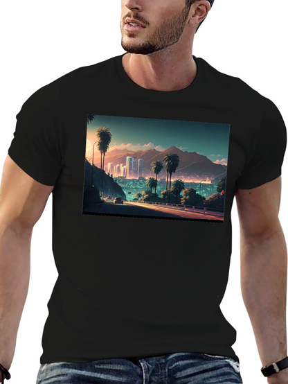 Cityscape Palm Tree Graphic Black T-Shirt